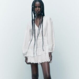 Zara White Lace Inset Long Sleeve Mini Dress